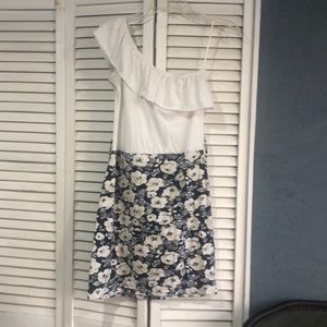 White and blue floral one shoulder dress